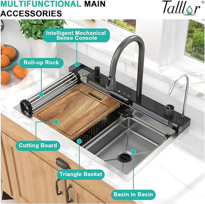 Smart Waterfall Kitchen Sink 30 Inch, Drop In Stainless Steel Single Bowl Workstation Sink with Pull-Down Faucet, Cup Washer & Multi-Function Spray #TLWF-0025