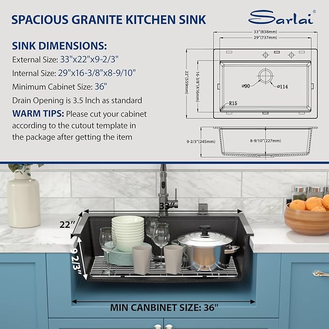 Sarlai Granite Composite Kitchen Sink - 33"x22" Drop In Kitchen Sink Matte Black Ledge 33 Inch Workstation Granite Quartz Composite Top-Mount Single Bowl Sinks Basin with Accessories