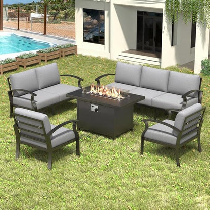 Metal Outdoor Patio Furniture Set for 7,Aluminum Patio Sectional Set w/Propane Fire Pit Table,Outside Furniture w/Removable Sponge Cushion for Porch, Balcony, Yard,Gray