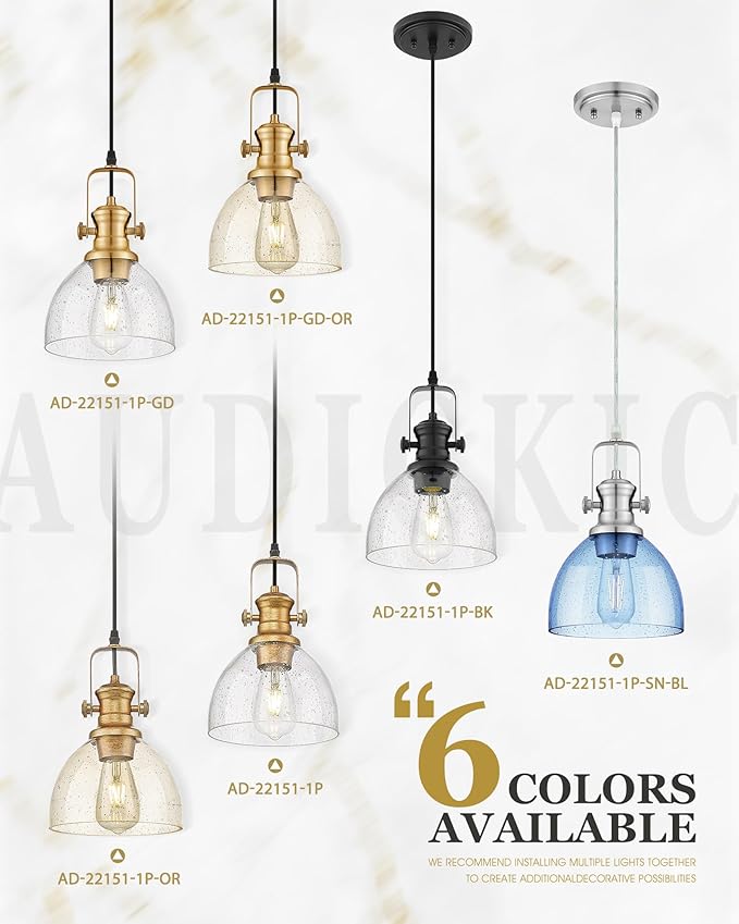 2-Pack Pendant Lights Kitchen Island, 7.5" Farmhouse Pendant Lighting with Amber Seeded Glass Shade, Hanging Light Fixtures for Dining Room, Brushed Gold, AD-22151-1P2-GD-OR