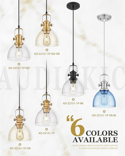 2-Pack Pendant Lights Kitchen Island, 7.5" Farmhouse Pendant Lighting with Amber Seeded Glass Shade, Hanging Light Fixtures for Dining Room, Brushed Gold, AD-22151-1P2-GD-OR