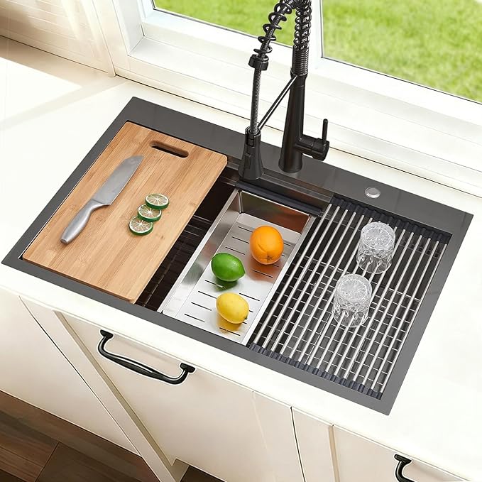 SHACO 33x22 Black Drop In Kitchen Sink, 33 Inch Topmount Gunmetal Black Stainless Steel Single Bowl Overmount Double Ledges Workstation Sink with Accessories