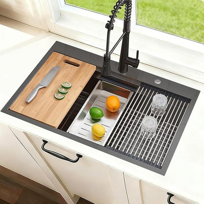 SHACO 33x22 Black Drop In Kitchen Sink, 33 Inch Topmount Gunmetal Black Stainless Steel Single Bowl Overmount Double Ledges Workstation Sink with Accessories