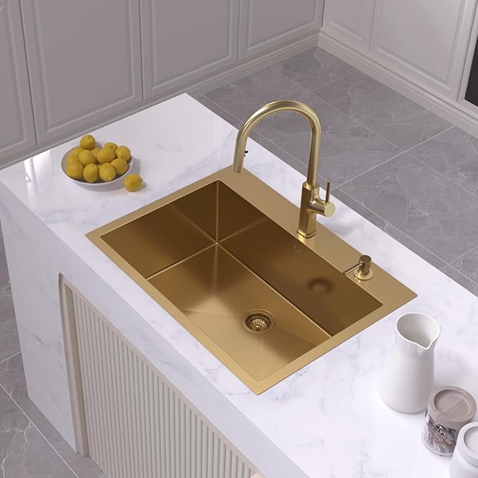 Drop In Kitchen Sink 30 Inch Gold Top Mount Sink 16 Gauge Stainless Steel 2-Hole Deep Single Bowl Kitchen Sinks 30"X22"X10"
