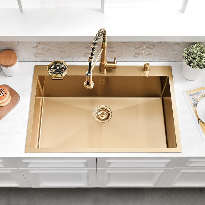30×22 Drop In Kitchen Sink with Faucet Combo-Stainless Steel Gold Drop In Sink with Cup Washer, 9 Inch Deep Single Bowl Kitchen Sinks and Faucets Combo Set,Top Mount Design for Modern Kitchens
