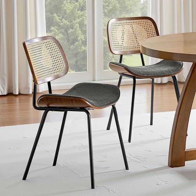 HULALA HOME Rattan Dining Room Chairs Set of 2, Farmhouse Upholstered Kitchen Chair with Square Woven Backrest, Metal Legs, Accent Side Chairs for Dining Living Room Resurant Cafe - Dark Gray