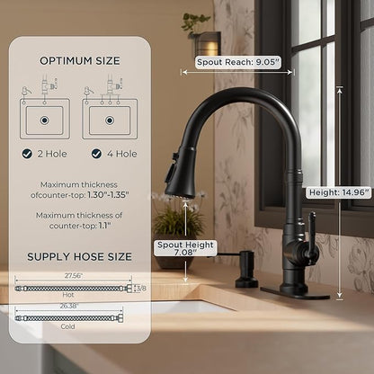 FORIOUS Vintage Kitchen Faucet with Soap Dispenser and Pull Down Sprayer, Matte Black High Arc Single Handle Stainless Steel Classic Sink Faucet for Farmhouse Camper Rv Bar, Fit for 1 or 3 Hole
