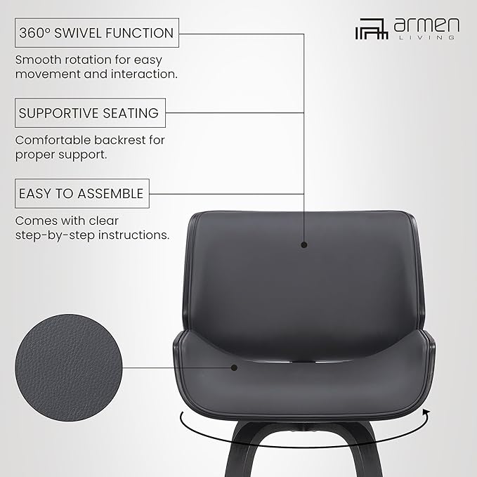Armen Living Tyler 30" Bar Height Swivel Gray Faux Leather and Black Wood Bar Stool - Set of 3