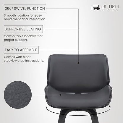 Armen Living Tyler 26" Counter Height Swivel Gray Faux Leather and Black Wood Bar Stool - Set of 4