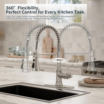 BWE Brushed Nickel Kitchen Faucet with Pull Down Sprayer, Single Handle High Arc Kitchen Sink Faucet 1 Hole or 3 Hole, Solid Brass Spring Kitchen Faucet with 3-Mode Sprayer for Farmhouse RV