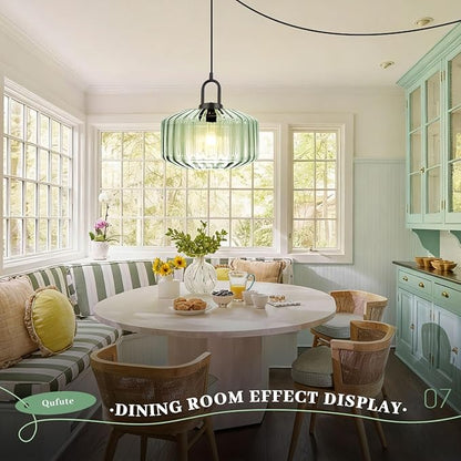 Light Green Hanging Lamp Plug-in Pendant Lights Vintage Pendant Lamps with 14.7 ft Cord Modern Glass Hanging Light Plug in Chandelier Lighting Large Striped Shade Mid Century Swag Lamp
