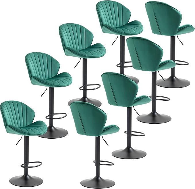 Rhomtree 24-32 Inch Swivel Bar Stools, Adjustable Counter Height Barstools, Velvet Tufted Upholstered and Footrest Barstools, Upholstered Bar Chairs for Home Bar Kitchen Island(Green Set of 8)