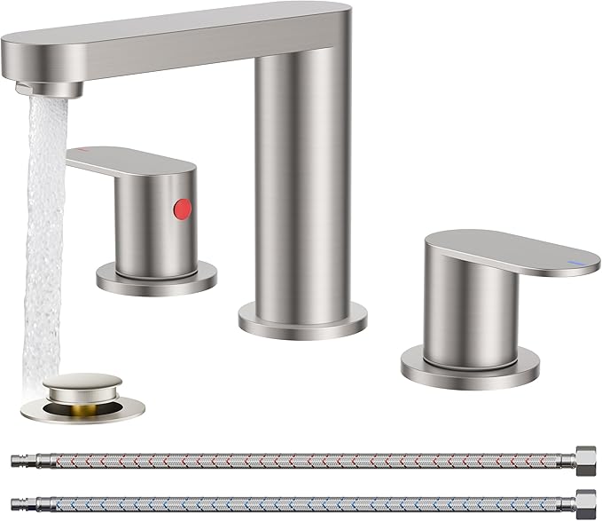 QFN Brushed Nickel Bathroom Faucets 3 Hole, 8 inch Widespread Bathroom Faucet with Pop Up Drain and 24" cUPC Supply Hoses, Lead-Free Two Handles Suitable for 6-12 Inch RV, Restroom, Vanity Sink