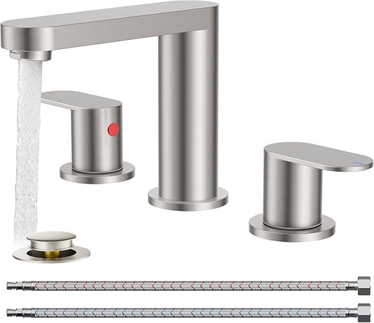 QFN Brushed Nickel Bathroom Faucets 3 Hole, 8 inch Widespread Bathroom Faucet with Pop Up Drain and 24" cUPC Supply Hoses, Lead-Free Two Handles Suitable for 6-12 Inch RV, Restroom, Vanity Sink