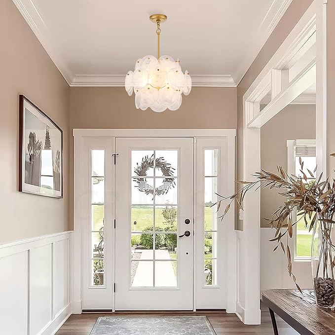 Dia 15.75 Inches Modern Glass Chandelier for Foyer, Gold Dining Room Light Fixture, Large Vintage Pendant Chandelier for Bedroom Entryway Farmhouse