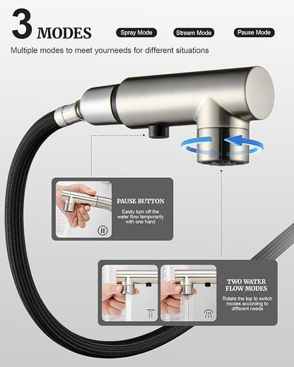 Ultimate Unicorn Brushed Nickel Single Handle Modern Bathroom Faucet with Pull Out Sprayer, 15.5" Retractable Hose, 360 Swivel Spout, Pop Up Drain, Stainless Steel, 1 Hole Installation