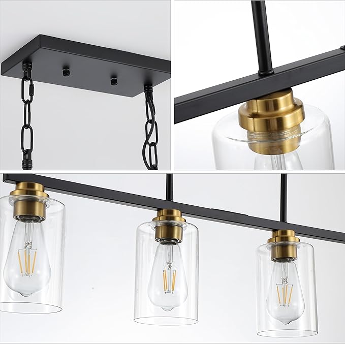 Mecgirn Island Light for Kitchen, Black and Gold Dining Room Light Fixture Over Table, 4-Light Linear Chandelier Pendant Lighting for Dining Table Kitchen Island Living Room