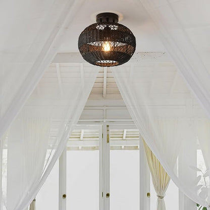 GLOBE Electric 66000071 1-Light Semi-Flush Mount Ceiling Light, Matte Black, Rattan Shade, Bedroom Lighting Fixtures Ceiling, Dining Room Fixture, Timeless Lighting for Hallway or Dining Room