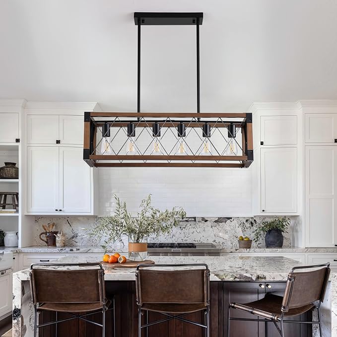 Dining Room Light Fixture/Chandelier Over Table,Matte Black Rustic Wood Ceiling Pendant Light,6-Light Kitchen Island Lighting Fixtures, Linear Farmhouse Chandeliers for Dining Room,Kitchen Island