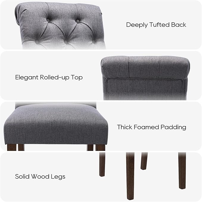 Tufted Dining Chairs Set of 6, Upholstered Parsons Dining Room Chairs, Fabric Kitchen Side Chair with Wood Legs, Dark Grey