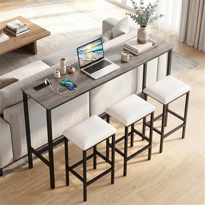 4 Piece Counter Height Bar Table Set with Charging Station & USB Ports, Gray Pub Table with 3 Stools, Space-Saving Kitchen Bar Set, Apartment Dining Furniture Set, Kitchen Bar Table