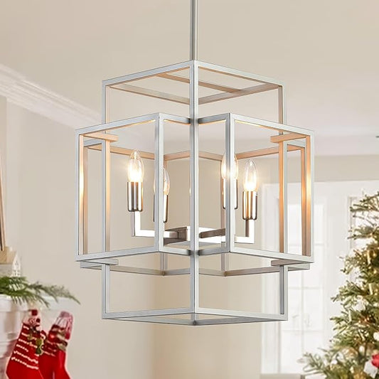 4-Light Chandelier, Industrial Silver Foyer Lighting Fixtures, Rustic Lantern Pendant Light, Large Chandeliers for High Ceilings, Farmhouse Chandelier for Entryway, for Dining Room, Kitchen Island