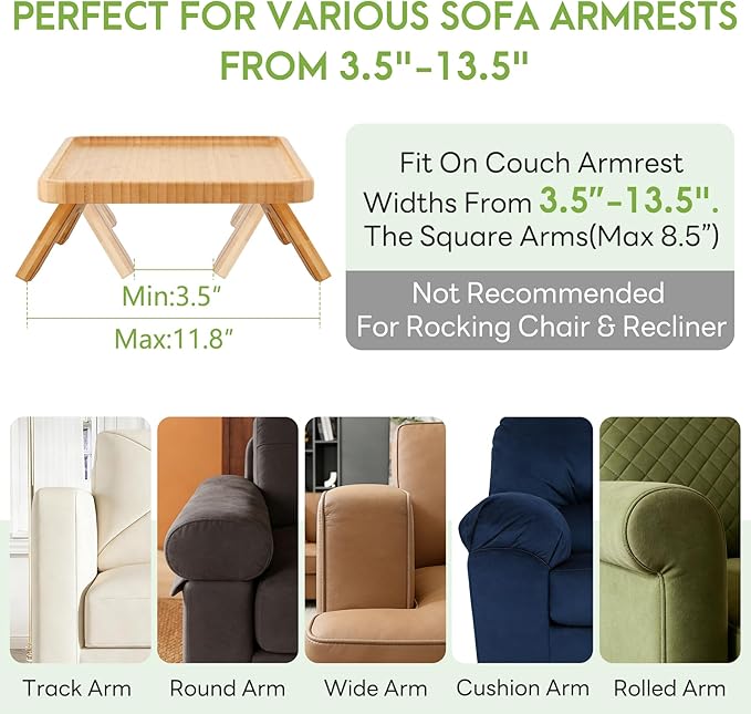 SINWANT Couch Arm Table Tray, Bamboo Sofa Arm Clip on Side Tables, Foldable Arm Rest Table for Home, Couch Arm Tray for Small Spaces Drink Eating Dinner