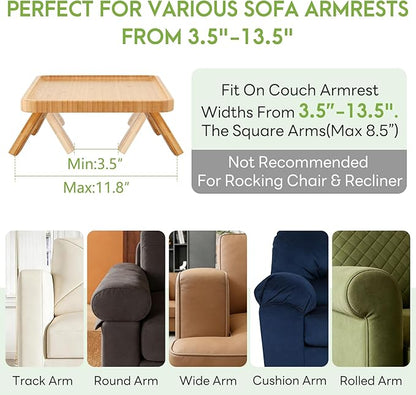 SINWANT Couch Arm Table Tray, Bamboo Sofa Arm Clip on Side Tables, Foldable Arm Rest Table for Home, Couch Arm Tray for Small Spaces Drink Eating Dinner