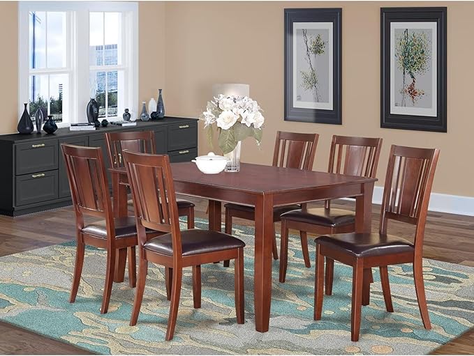 HomeStock 7 Piece Kitchen Table & Chairs Set Consist of a Rectangle Dining Room Table and 6 Faux Leather Upholstered Dining Chairs, 36x60 Inch, Mahogany