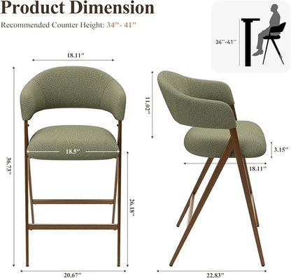 COLAMY Bar Stools Set of 2, Counter Height Bar Stools with Back, Modern Upholstered Island Stools with Metal Legs for Kitchen Island, Counter, Dining Room, Green