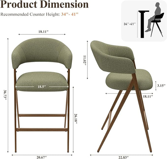 COLAMY Bar Stools Set of 2, Counter Height Bar Stools with Back, Modern Upholstered Island Stools with Metal Legs for Kitchen Island, Counter, Dining Room, Green