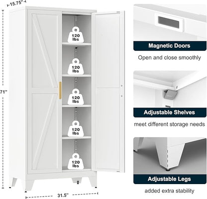 LCAOPC 71" Tall Metal Storage Cabinet with 2 Doors and 4 Adjustable Shelves, 5-Tier Kitchen Pantry Storage Cabinet for Kitchen, Living Room, Dining Room and Office, White