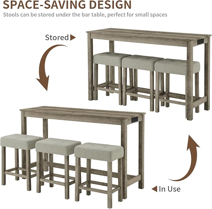 LKTART Kitchen Bar Table and Chairs Set, 4 Piece Bar Height Dining Table Set with Power Outlet and 3 Upholstered Stools Industrial Breakfast Nook, Small Space Living Room, Brown