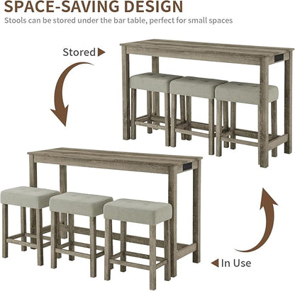 LKTART Kitchen Bar Table and Chairs Set, 4 Piece Bar Height Dining Table Set with Power Outlet and 3 Upholstered Stools Industrial Breakfast Nook, Small Space Living Room, Brown