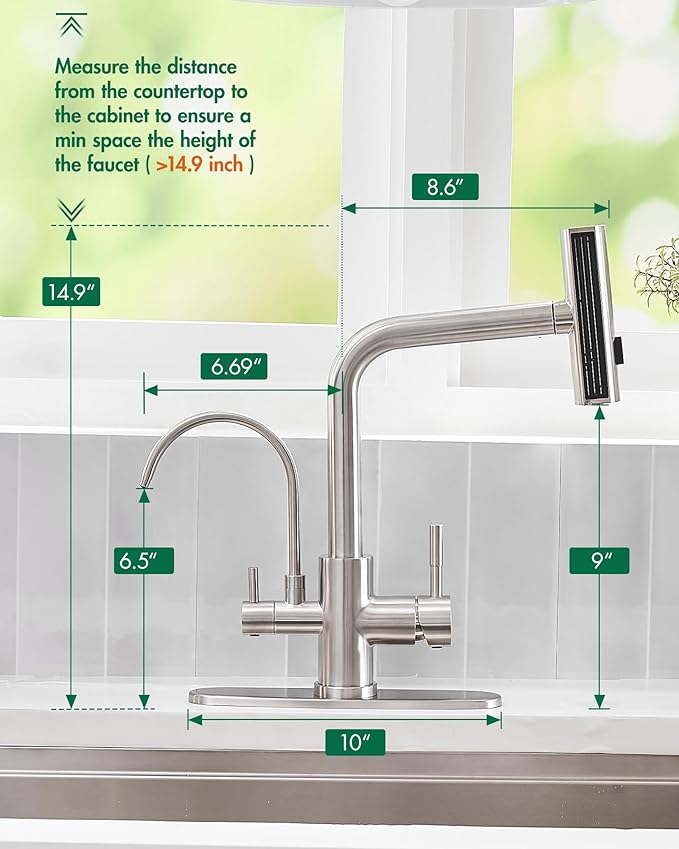 Fapully Pull-Down Kitchen Faucets, 3 Way Kitchen Sink Faucet with Pull Down Sprayer and Drinking Water Faucet, Include Deck Plate for 1 or 3 Holes Brushed Nickel