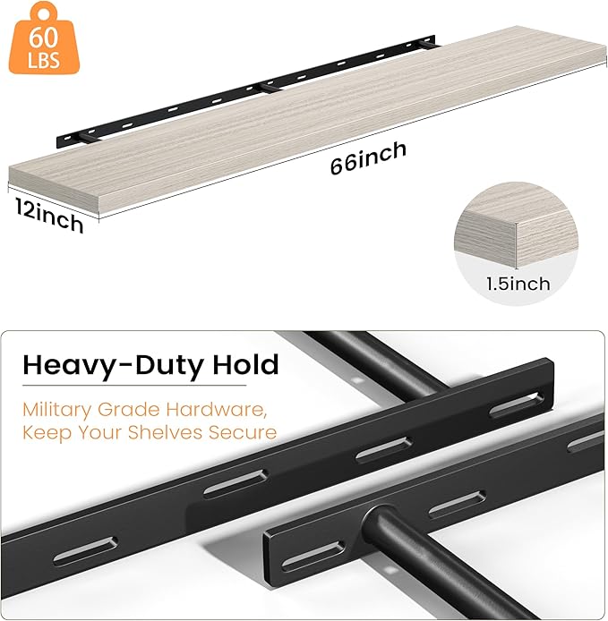 Fun Memories 66 Inch Floating Shelves, 12 Inch Deep Wall Shelf for Fireplace Mantel, Gray Deep Storage Shelves for Home & Office, Long Floating Shelf with Invisible Bracket, Set of 1