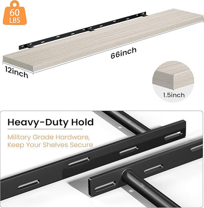 Fun Memories 66 Inch Floating Shelves, 12 Inch Deep Wall Shelf for Fireplace Mantel, Gray Deep Storage Shelves for Home & Office, Long Floating Shelf with Invisible Bracket, Set of 1