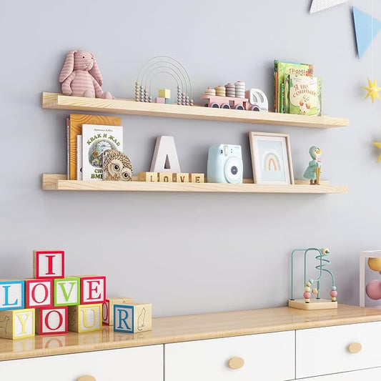 FLYJOE Picture Ledge Shelf, Floating Shelves Set of 2, Solid Ash Wood 48'' Long Large Nursery Book Shelves for Toys Storage, Kids Bookshelf for Living Room Bedroom Decor Books Photo Frames, Natural