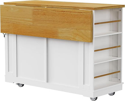 Ball & Cast Kitchen Island with 2 Bar Stools and Power Outlet,Rolling Kitchen Cart on 5 Wheels W/Drop Leaf&5 Open Side Racks,Kitchen Storage Cart W/Adjustable Shelf,for Kitchen,Dining Room,White,48"