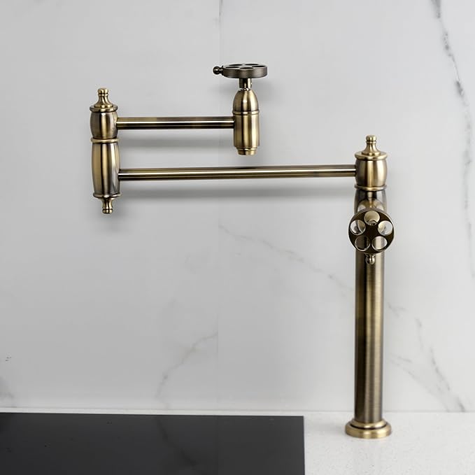 Kingston Brass KS3703RKZ Wendell Two-Handle 1-Hole Deck Mount Pot Filler Faucet with Knurled Handle in Antique Brass
