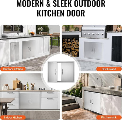 VEVOR Outdoor Kitchen Double Wall BBQ Access Door, 31W x 24H Inch Stainless Steel Flush Mount Door with Handles and Hooks for Grilling Station