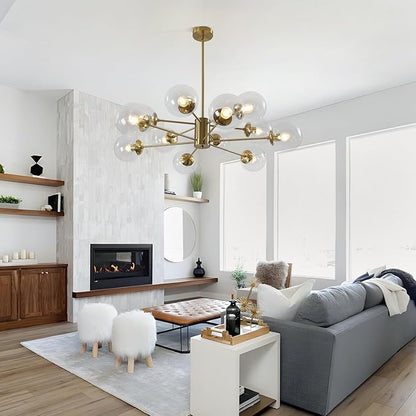 KCO Lighting 12-Light Modern Sputnik Chandelier Clear Bubble Glass Chandelier Mid Century Large Gold Globe Pendant Light Farmhouse Dining Room Lights Kitchen Island Lighting Fixture