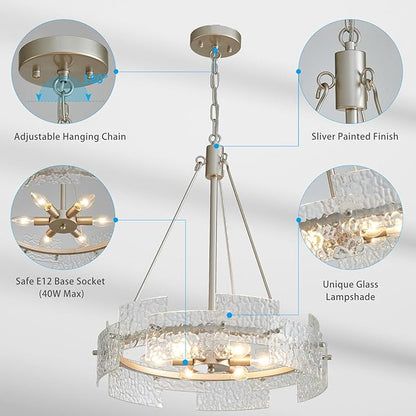XINGQI Modern Farmhouse Chandelier 6-Light Silver Glass Drum Chandeliers 19.7" Height Adjustable Water Ripple Rustic Pendant Lighting Fixture for Dining Room Living Room Kitchen Island