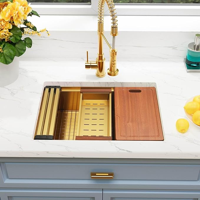 Gold Undermount Kitchen Sink 30 inch,Single Bowl Undermount Sink 16 gauge Stainless Steel,Workstation Kitchen Sinks with Gold Accessories (30" X 18")