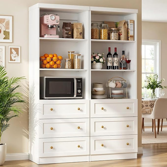 Cyclysio 80" Kitchen Pantry Cabinet with 3 Drawers, Tall Storage Cabinet Wood Food Pantry with Thickened Top Panel and Adjustable Shelves, Versatile Cupboard for Kitchen, Dining Room (2, White)
