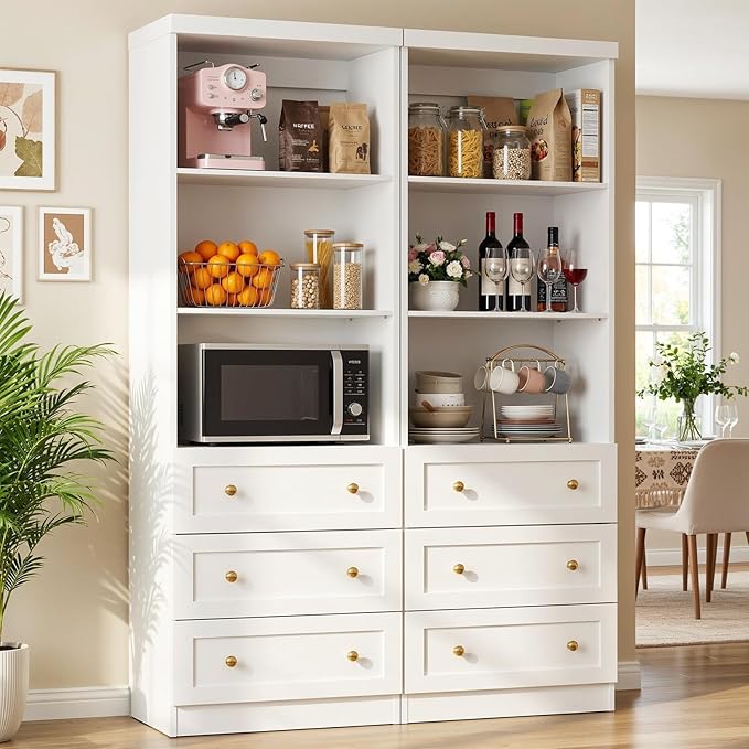 Cyclysio 80" Kitchen Pantry Cabinet with 3 Drawers, Tall Storage Cabinet Wood Food Pantry with Thickened Top Panel and Adjustable Shelves, Versatile Cupboard for Kitchen, Dining Room (1, White)