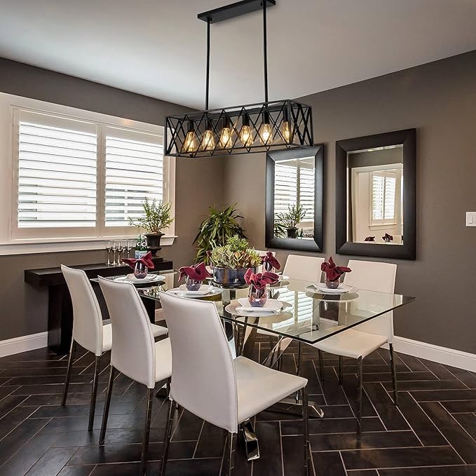 Farmhouse Chandelier for Dining Room Kitchen Island Pendant Lighting 6-Light Black Metal Industrial Bar Chandelier Vintage Hanging Rectangle Linear Light Fixtures