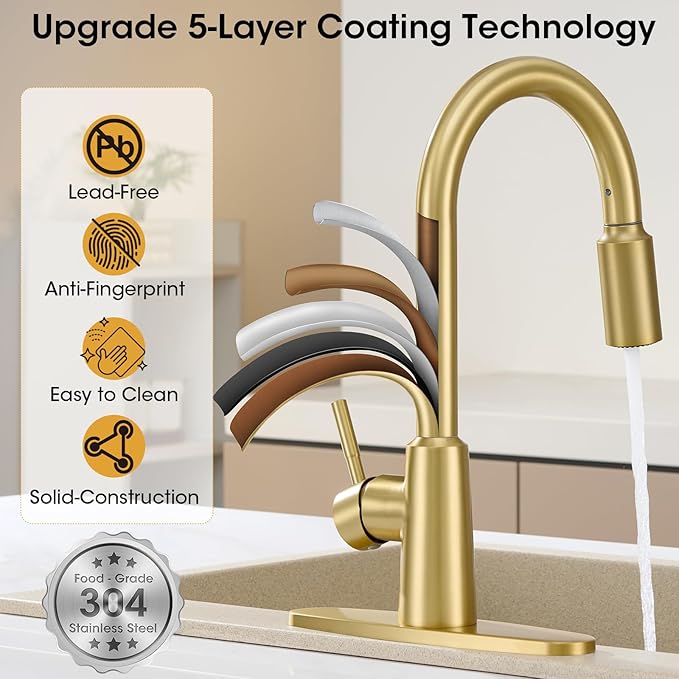 Brushed Gold Kitchen Faucet with Pull Down Sprayer, High Arc Single Handle Stainless Steel 1 or 3 Hole Faucet for Kitchen Sink, Farmhouse, RV, Laundry, Bar, Outdoor