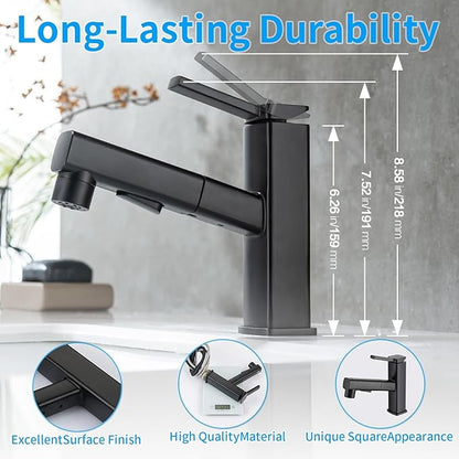 HANLIAN Single Hole Pull Out Faucet for Bathroom Sink, Black Sink Faucet Bathroom, One Handle Modern Restroom Tap with Pull Down Sprayer, 3 Modes Washroom Pull Out Tap with Rotating Spout