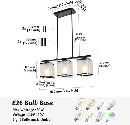 3-Light Dining Room Light Fixture Kitchen Island Lighting with Frosted Glass Shade Linear Black Chandelier Pendant Lighting Over Table for Dining Table Kitchen Island, Adjustable Height